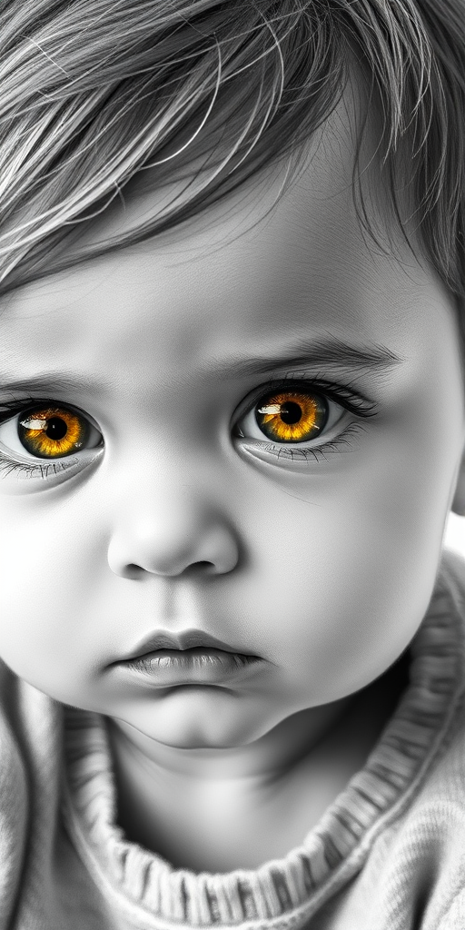 A hyperdetailed photorealistic black and white sketch of a beautiful toddler with deep Yellow eyes, with a macro focus