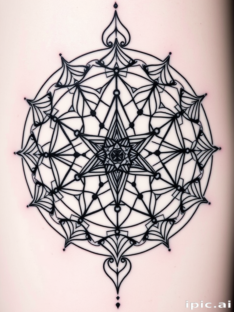 Intricate blackwork geometric tattoo called "Sacred Symmetry" showcasing a complex arrangement of precise lines, dots, and shapes forming a mandala-like design with hidden sacred geometry symbols embedded within, utilizing negative space to create depth and dimension, ideal for individuals drawn to minimalist yet powerful tattoo styles that convey balance and harmony