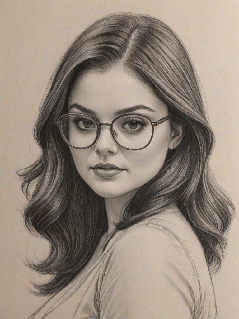 Appealing Ariel Winter, pencil sketch, portrait of Bewitching woman 1976s in glasses, hair style beatnik, outline, clear lines, fine lines, 8k
