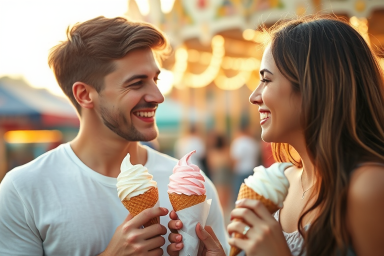 Blurry candid shot of a young couple sharing ice cream cones at a summer fair, soft golden light from a nearby carousel reflecting on their smiles.