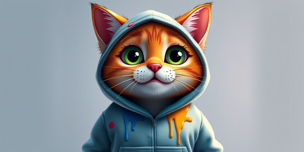 cute cartoon character of a cat in a hoodie with dripping paint, vibrant colors, studio lighting, 50mm lens, f/2.8 aperture, ISO 100, DSLR camera, frontal view, high resolution