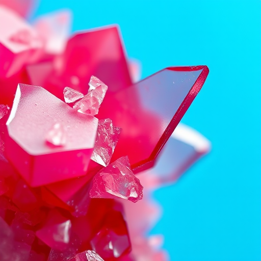 red and blue abstract crystal shards, high detail, macro photography, aperture f/2.8, ISO 100, shutter speed 1/125, natural lighting, 50mm lens, soft focus background, vibrant colors