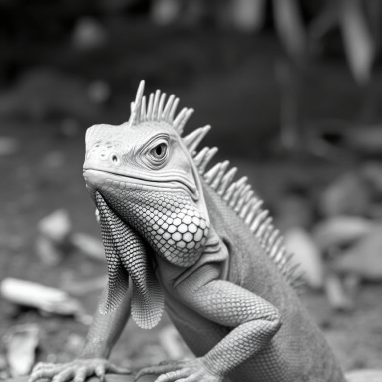 black and white portrait of an iguana with prominent spines and a distinctive dewlap, perched on a natural habitat background