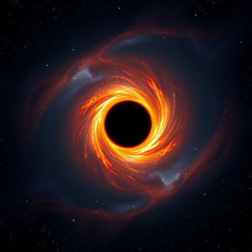Generate a high-resolution image of a black hole with an accretion disk, vibrant colors of orange and blue, against a backdrop of stars and galaxies, using a 50mm lens, f/1.8 aperture, ISO 100, shot in astrophotography style with a full-frame DSLR camera.