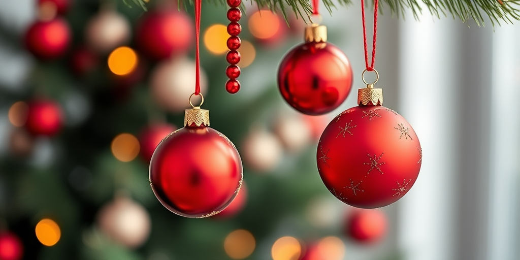 Create an image of three red Christmas ornaments hanging with decorative beads, photographed with a Canon EOS R5, 50mm lens, f/1.8 aperture, ISO 200, in a soft focus style against a blurred festive background.