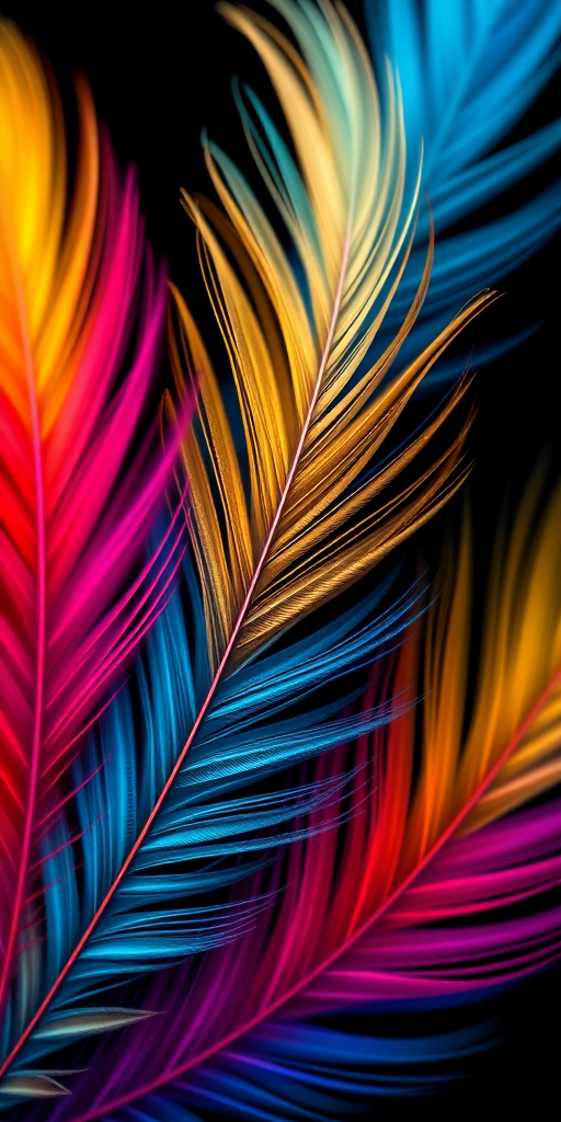 high-resolution abstract image of multicolored feather-like shapes on a black background, shot with a DSLR camera, using a 50mm lens at f/1.8, exposure time 1/100s, ISO 200, in macro mode, focus on vibrant colors and fine details
