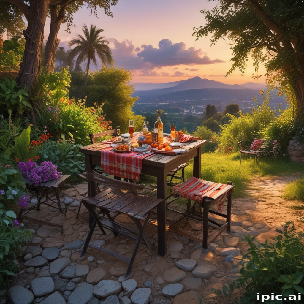 Charming Outdoor Dining Table Surrounded by Lush Greenery at Sunset