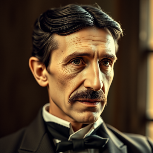 Regenerate an image of a portrait of Nikola Tesla in a vintage style, focus on high contrast and detail, 50mm lens, f/1.8 aperture, ISO 100, soft lighting, shot at a slight angle from the right, use a DSLR camera for enhanced image quality.
