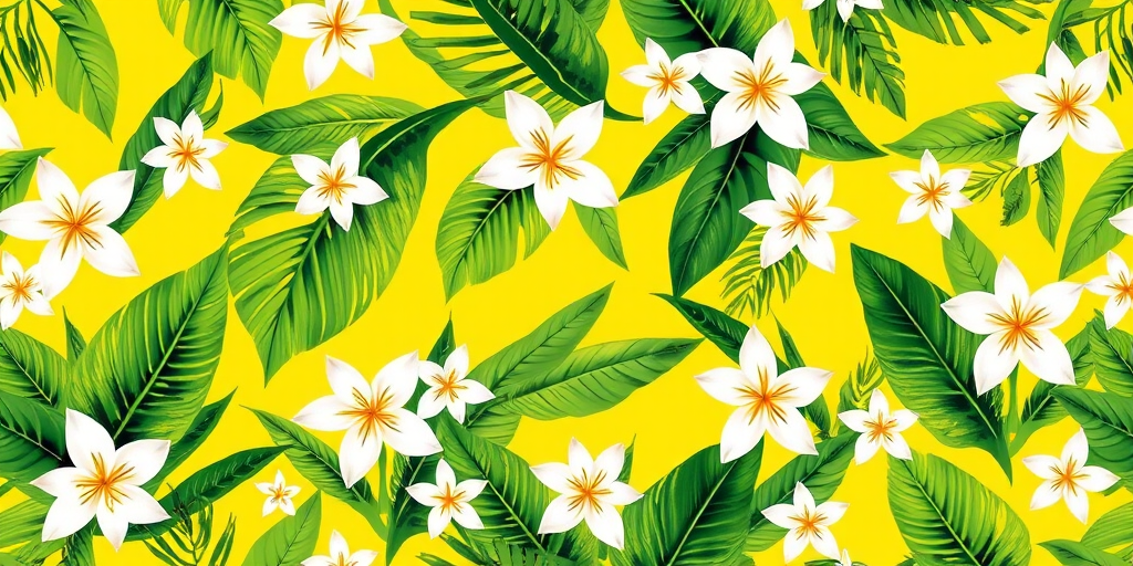 Generate a high-resolution tropical floral pattern with bright yellow background, incorporating green leaves and white flowers, using a DSLR camera with a 50mm lens, aperture f/2.8, ISO 100, and a soft focus style.