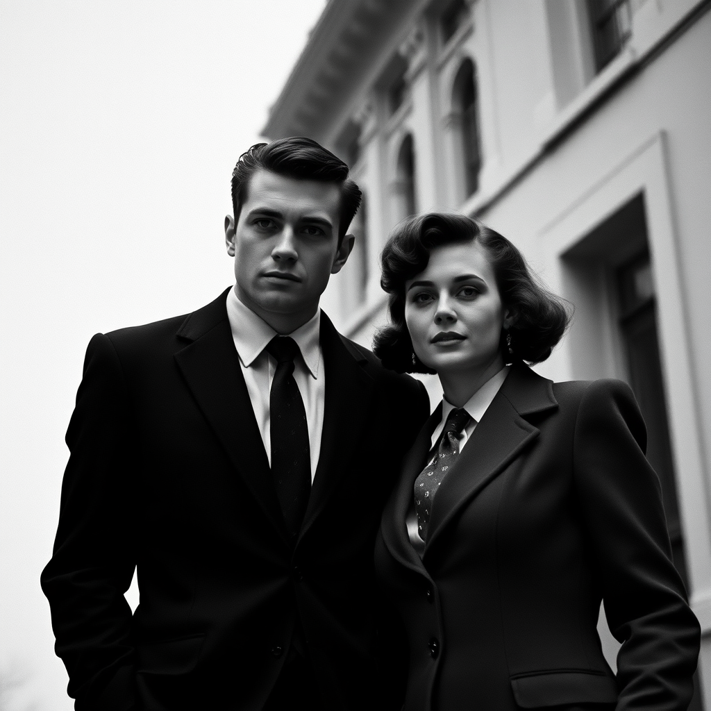 Black-and-white photograph, couple, tailored suits, retro hairstyles, film noir style, Tilt the camera for a dynamic Dutch angle using a versatile 24-70mm lens