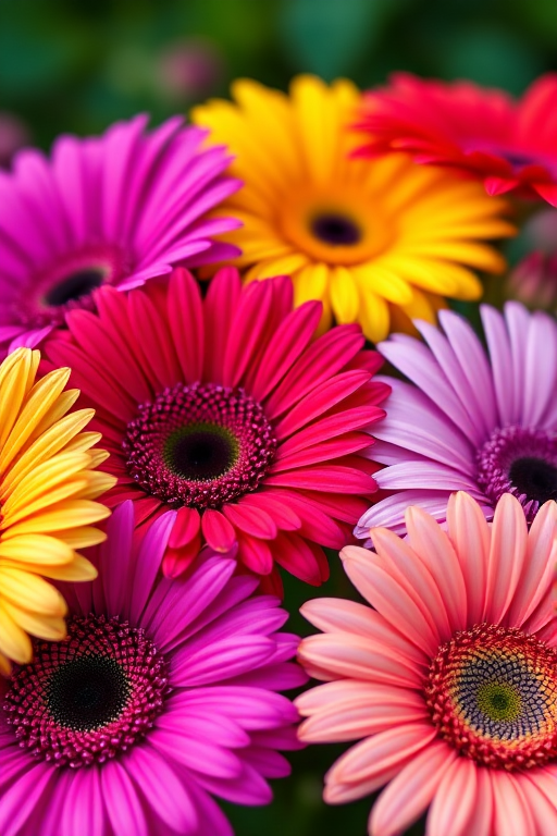 close-up shot of vibrant gerbera daisies in various colors with soft-focus background, aperture f/2.8, shutter speed 1/250s, ISO 100, macro lens, natural lighting, DSLR camera