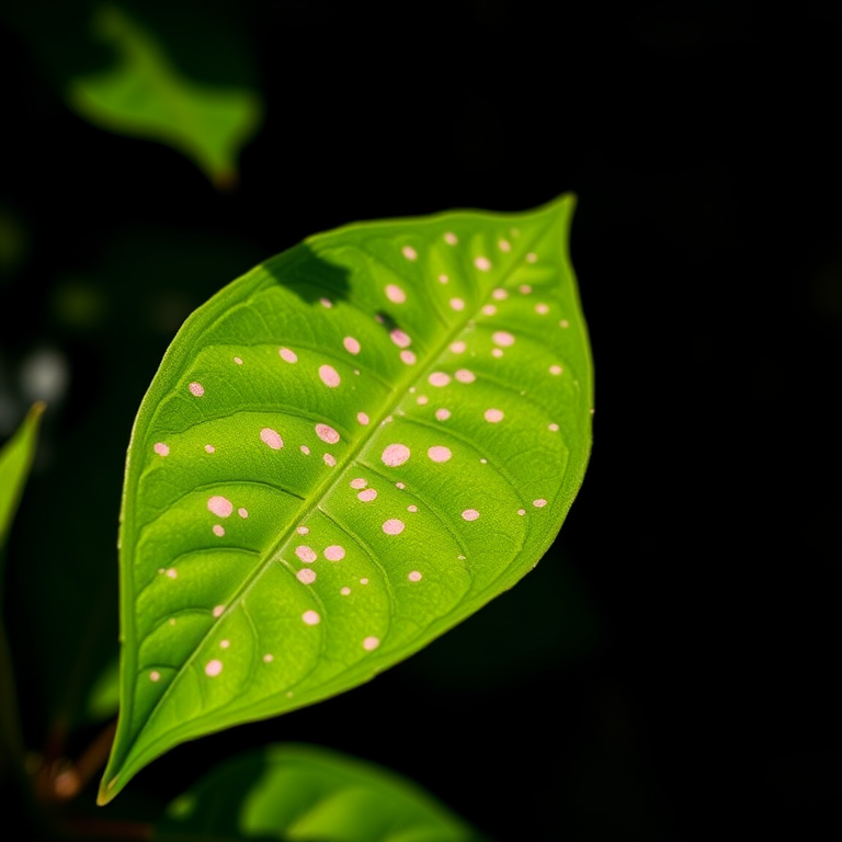 A vibrant green leaf with pink speckles, captured in natural light using a DSLR camera, 50mm lens, f/2.8 aperture, ISO 100, 1/200s shutter speed, shallow depth of field, against a softly blurred dark background.