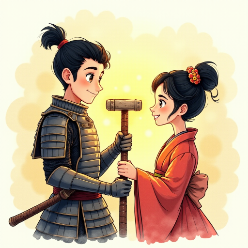 A watercolor and ink-painted, detailed line drawing of a young samurai in armor with black hair, clean-shaven, big eyes, and a large smile, standing next to a beautiful woman in a kimono. Both are holding the shaft of a warhammer together, with the head of the warhammer now adjusted to the proper size. They are the same height and look at each other with affection. The samurai is glowing with a yellowish aura, radiating warmth. The scene has a whimsical, adventurous feel in a Disney-Pixar aesthetic, with soft watercolor tones, intricate ink details, and a magical, cinematic atmosphere