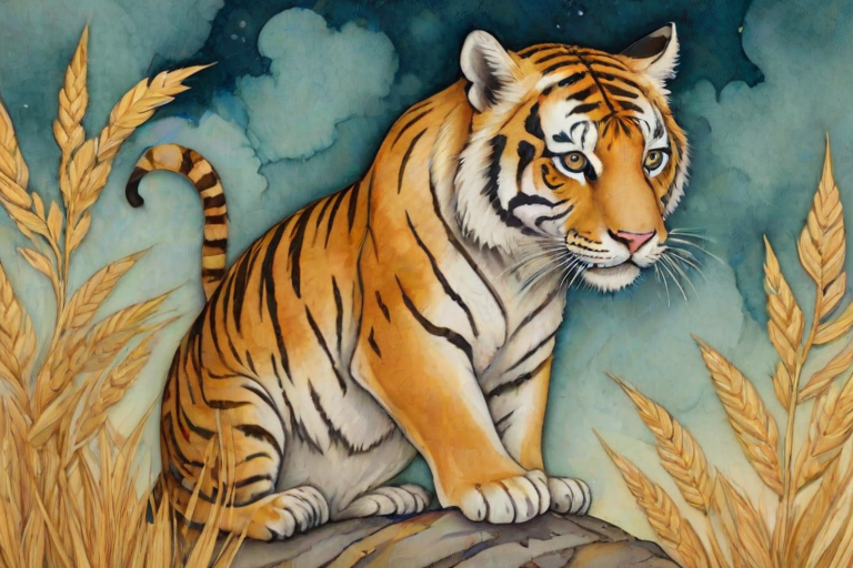 Soft, muted Alcohol Ink with ebru effect background image of tiny whimsical tiger, who climbed high on the top of a golden rye ear.