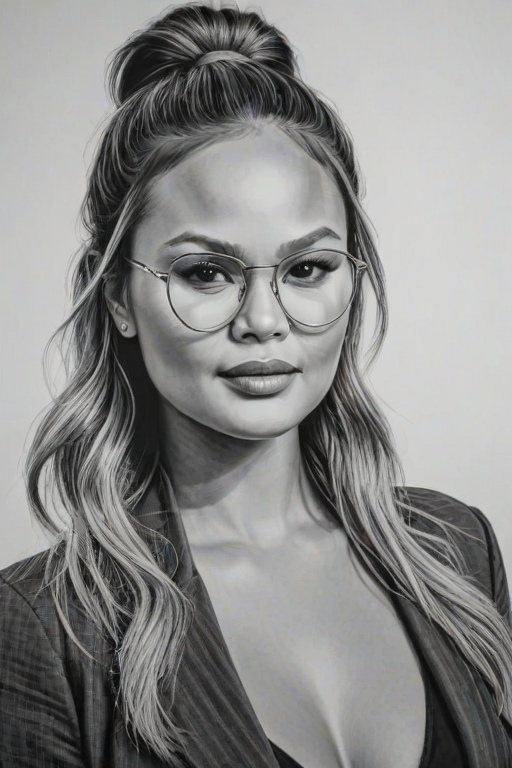 Splendid Chrissy Teigen, pencil sketch, portrait of Graceful woman 1975s in glasses, hair style beatnik, outline, clear lines, fine lines, 8k