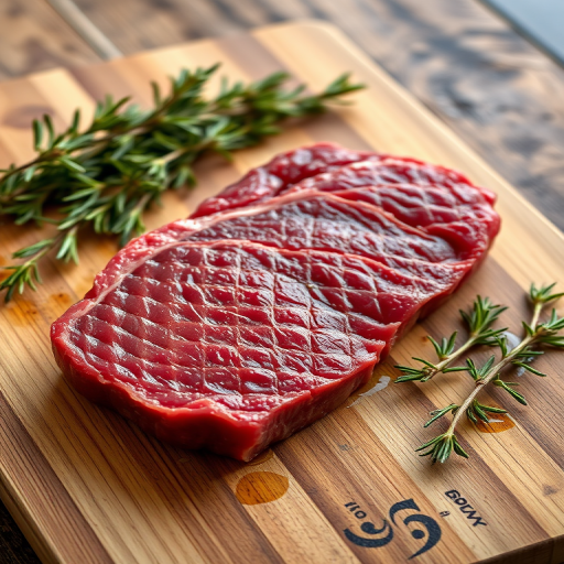 A raw ribeye steak on a wooden cutting board with rosemary, shot with a DSLR camera at f/2.8 aperture, 50mm lens, ISO 100, natural lighting from the side, high resolution for enhanced detail.