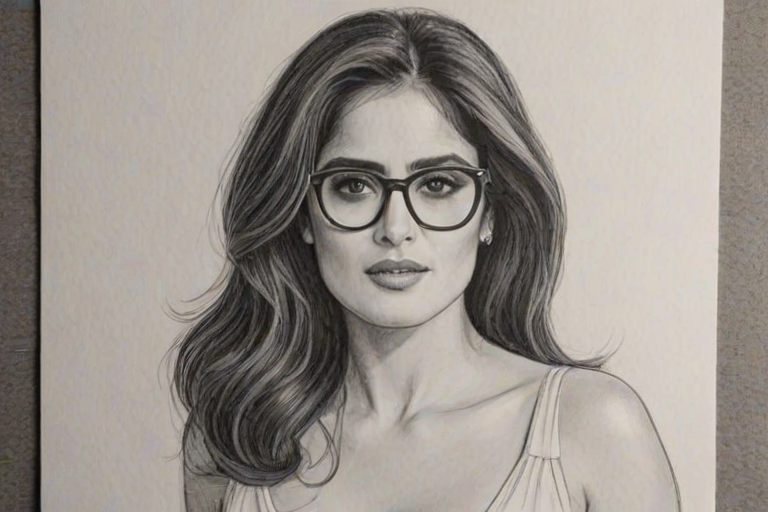 Enticing Salma Hayek, pencil sketch, portrait of Alluring woman 1978s in glasses, hair style beatnik, outline, clear lines, fine lines, 8k