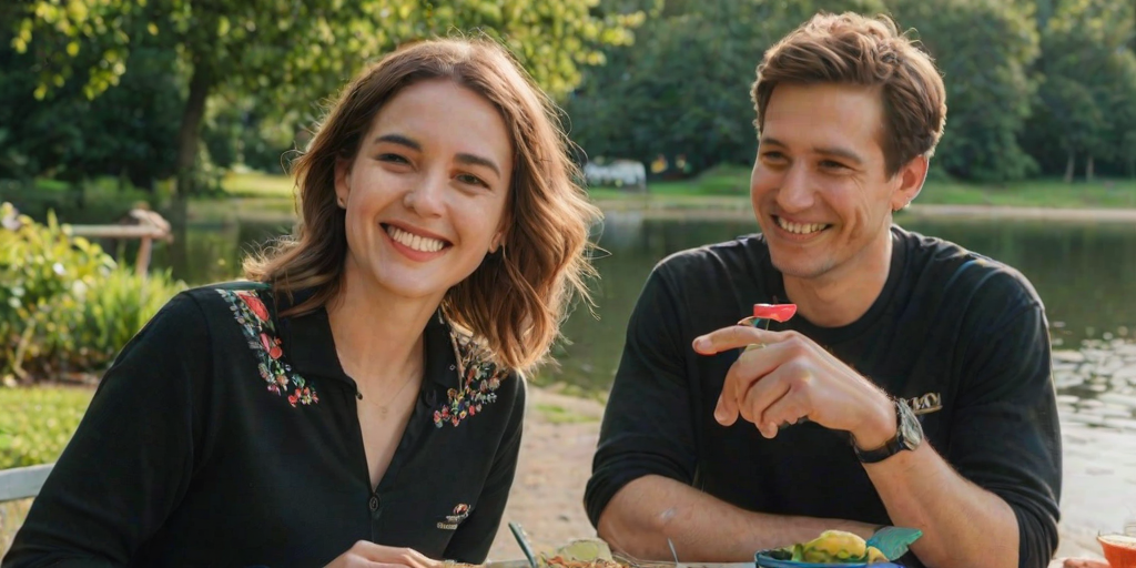 Medium shot photo of two individuals seated outdoors at a table in a scenic park setting. On the left, a Caucasian man with light skin tone and short brown hair wears a casual black t-shirt with a graphic, smiling calmly while holding up a medal. To his right, a woman with medium skin tone, black wavy hair, and a cheerful expression also holds up a medal, her smile conveying joy and pride. She is dressed in a dark cardigan over a floral-patterned blouse, her friendly demeanor adding to the relaxed atmosphere. Both appear comfortable, casually celebrating a shared achievement. The setting is a tranquil lakeside with lush greenery, visible trees reflecting off the calm water, and a few people in paddle boats in the background, contributing to a relaxed and leisurely vibe. The sky is overcast, providing diffused natural light that casts soft shadows, highlighting the subjects and emphasizing the lush backdrop. The table in front of them contains bottles and miscellaneous items, adding to the informal gathering atmosphere. Other people are visible in the distance, further enhancing the sense of a lively outdoor environment. The overall mood of the scene is light-hearted and sociable, enriched by the natural, vibrant surroundings and the subjects' joyful expressions
