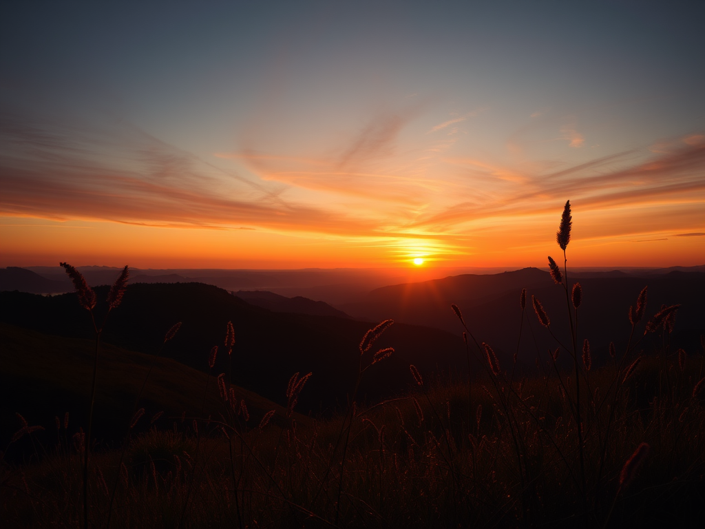 Create a high-resolution landscape illustration of a sunset over rolling hills with silhouetted grass and plants in the foreground, using a Canon EOS R5 with an 85mm lens at f/8, ISO 100, and a golden hour setting for optimal lighting and color saturation.
