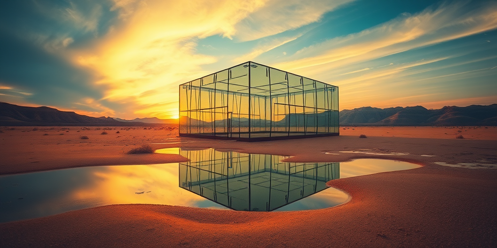 captured with a Canon EOS R5, ISO 100, f/8, 1/250s, wide-angle view, landscape orientation, focus on foreground reflection, high dynamic range processing, golden hour lighting, surreal desert landscape with a fragmented glass structure against a gradient sky
