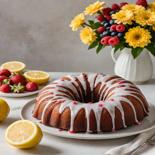 Create a beautifully styled image of a bundt cake on a white platter. The cake should be lightly glazed and decorated with fresh lemon slices and berries. Include a simple floral arrangement in the background and a plate with additional lemon slices and berries nearby. The setting should have a soft, natural light to enhance the colors and textures of the cake and garnishes.