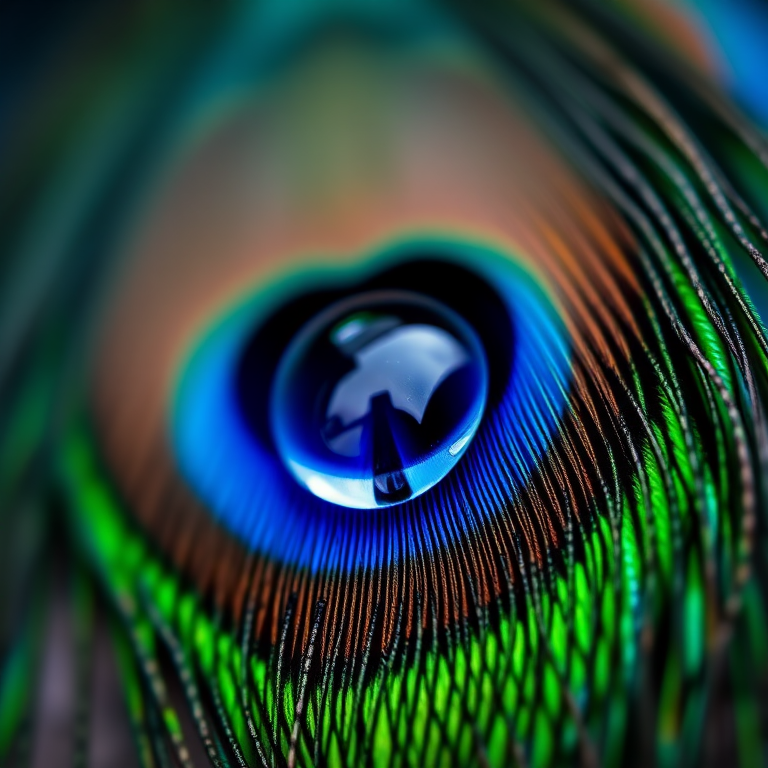 macro photography of a peacock feather with a water droplet on it, shallow depth of field, ISO 100, f/2.8, 1/200 sec, 50mm lens, natural light, close-up view, soft focus background, high detail and vibrant colors