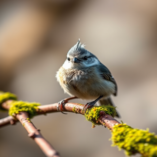 Capture a detailed close-up of a crested tit perched on a moss-covered branch in soft natural light, using a DSLR camera with a 100mm macro lens, aperture set to f/4, ISO 400, shutter speed 1/250s, and a slight bokeh effect to enhance background blur.