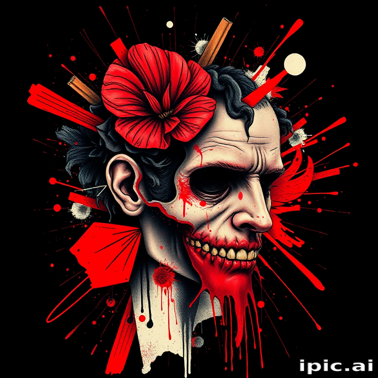 Trash polka tattoo combining realistic and abstract elements, featuring bold red accents and chaotic brushstrokes on a black background, named "Organized Chaos"