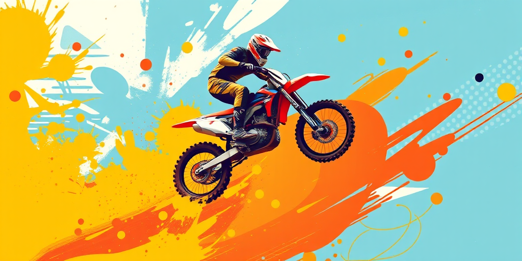 Create a dynamic illustration of a motocross rider performing a jump with bold colors and abstract shapes, using a DSLR camera with a 50mm lens, aperture set to f/1.8, shutter speed 1/1000 sec, and a wide-angle view to emphasize motion and energy.