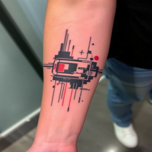 Glitch art-inspired tattoo on the forearm, featuring distorted digital imagery and pixelated elements, creating an illusion of technological malfunction on the skin