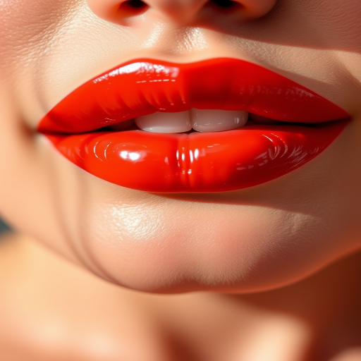 Vibrant coral-red lips with a glossy finish, showcasing a plump and full appearance, expertly lined for a perfect shape, reflecting light for a luscious and inviting look
