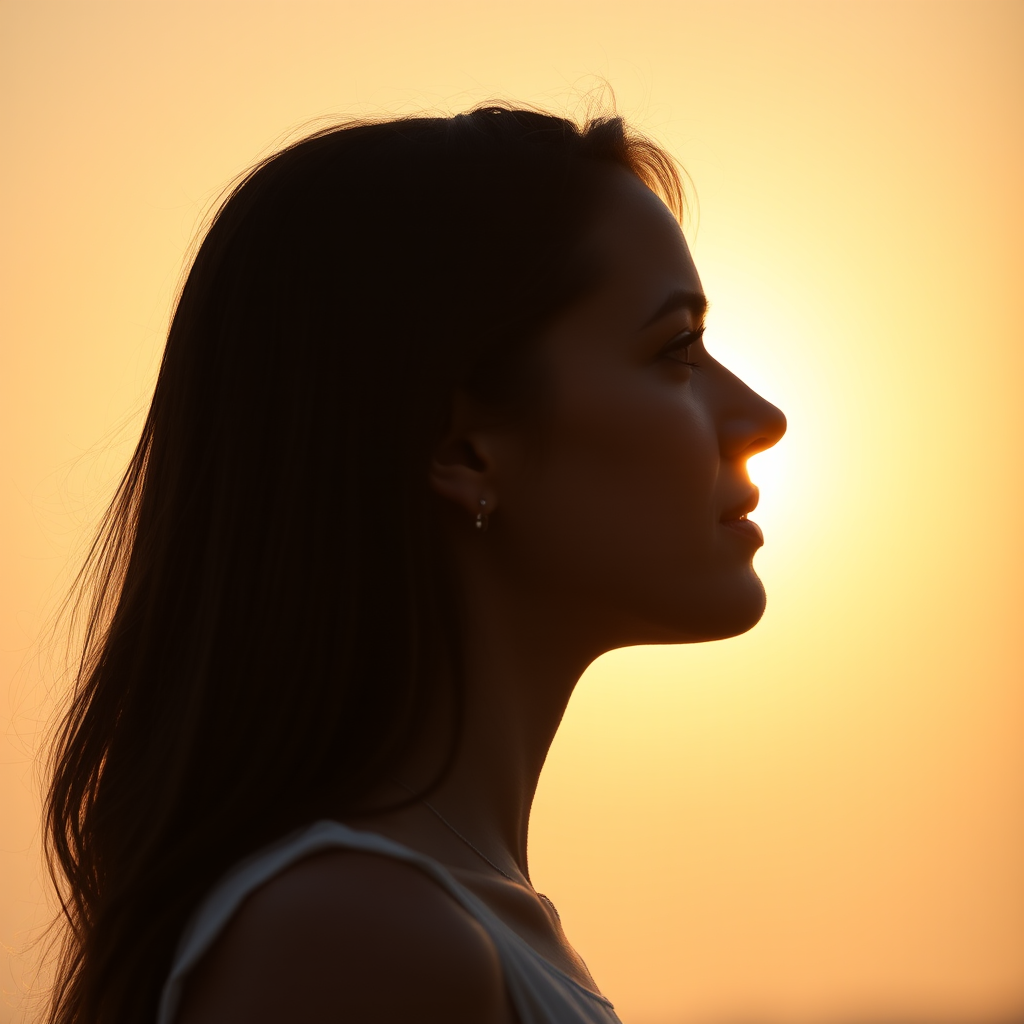 portrait of a woman in profile against a glowing sun backdrop, backlit with sun rays radiating outwards, soft bokeh effect, aperture f/1.8, shutter speed 1/200s, ISO 100, 50mm lens, natural lighting, DSLR camera with a shallow depth of field