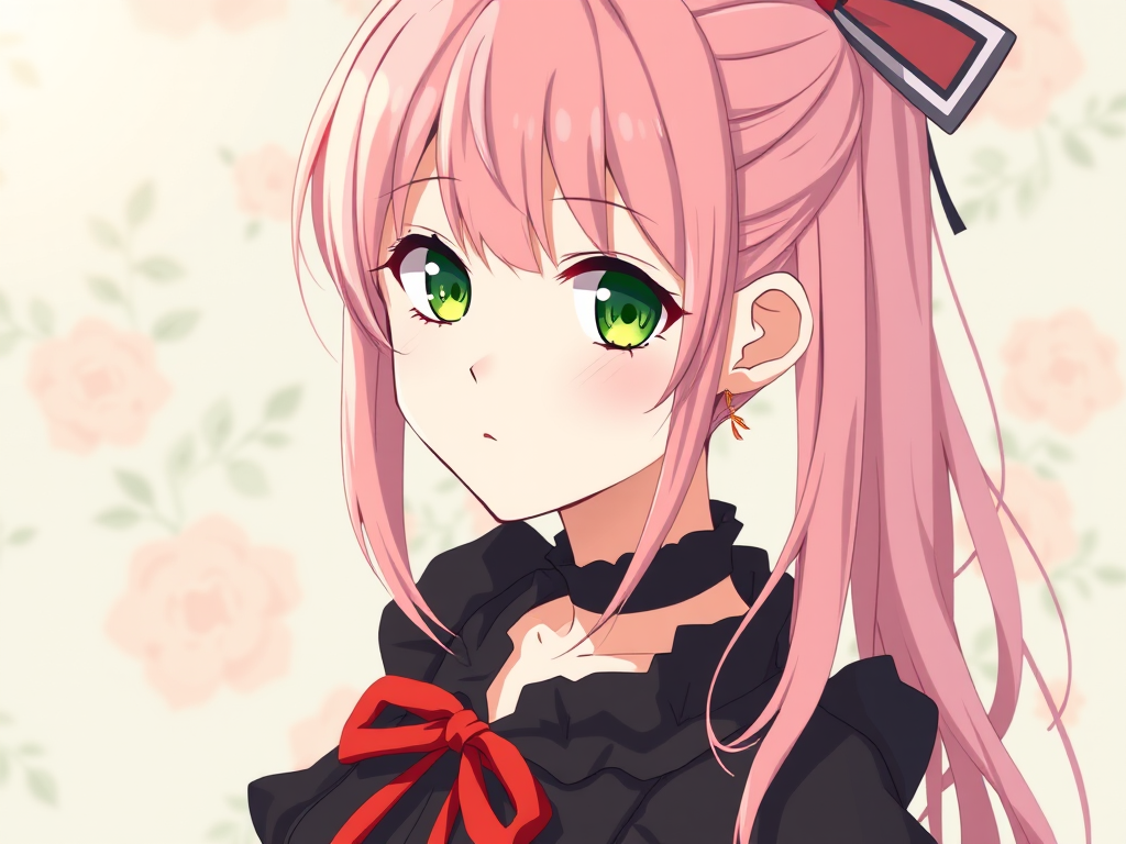 Create an anime character portrait of a girl with pink hair and green eyes, wearing a black dress with a red ribbon, against a light green floral background, shot with a Canon EOS R5, 50mm lens, f/1.8 aperture, ISO 100, natural lighting, with a soft-focus effect.
