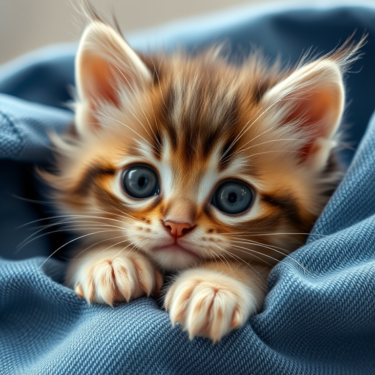 Cute fluffy kitten with big round eyes resting in denim fabric looking adorable and playful