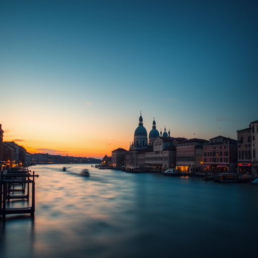 Venice landscape at dusk, capturing the San Giorgio Maggiore Church with a long exposure to blur water, warm colors in the sky, ISO 100, f/11, 30 seconds, panoramic view, DSLR camera, wide-angle lens.