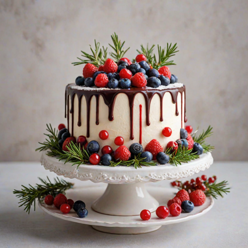 Create an image of a beautifully decorated cake. The cake should have a smooth red exterior with a glossy chocolate drip effect along the edges. On top, there should be a festive arrangement of fresh berries, including blueberries and redcurrants, along with small white decorative elements resembling snowflakes. Add sprigs of rosemary for a touch of greenery. The cake should be presented on a simple white cake stand against a light background.