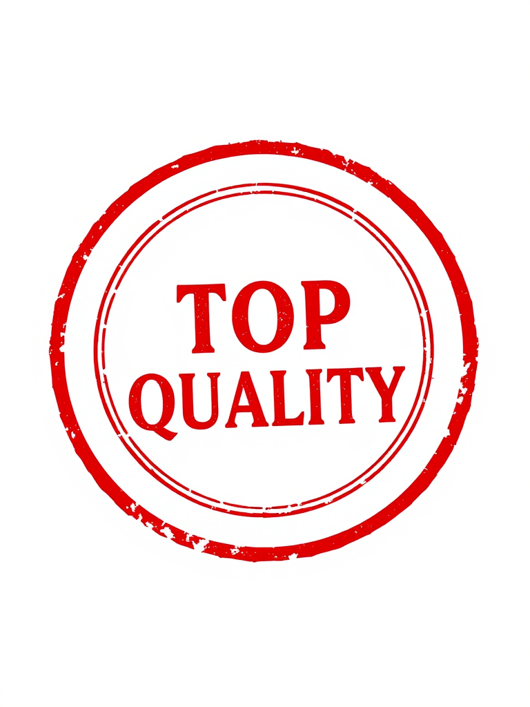 Create a high-resolution circular stamp design with the text "TOP QUALITY" in bold red font inside, using a DSLR camera, 50mm lens, f/1.8 aperture, ISO 100, and natural lighting for clarity and detail.