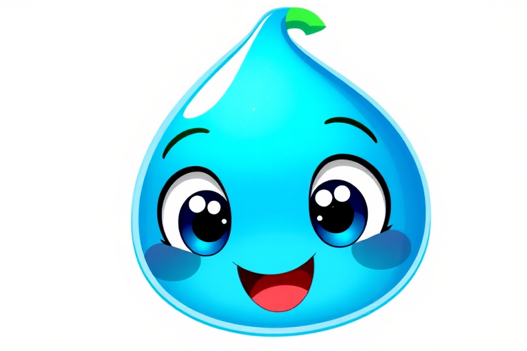 Generate a bright and cheerful cartoon character resembling a sparkling blue droplet with large expressive eyes and a small green accent on top, using a digital medium, close-up view, high resolution, with soft lighting for a glossy finish.