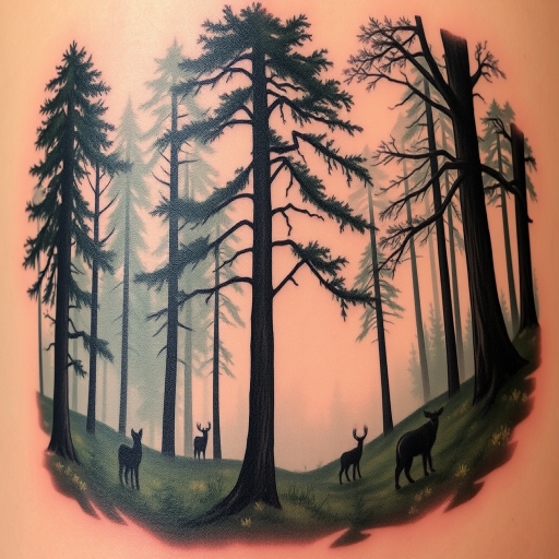 Realistic forest scene tattoo showcasing a misty landscape with towering trees, hidden wildlife, and dappled sunlight, capturing the serene atmosphere of an enchanted woodland