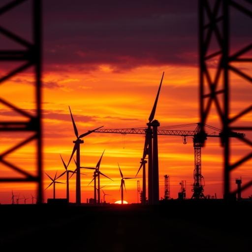 capture a silhouette of wind turbines and cranes against a dramatic sunset sky with vivid orange and purple hues, shot with a Canon EOS R5, 50mm lens, aperture f/1.8, ISO 200, shutter speed 1/200s, in manual mode, with a shallow depth of field to emphasize foreground framing through industrial structures