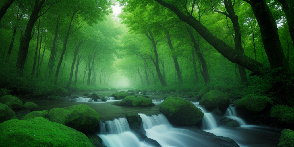 Tranquil Forest Scene with Lush Green Trees and Gentle Stream