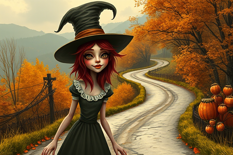 digital art fantasy depicting a strange girl with red hair, long eyelashes, Yellow lipstick and a tall hat walking along a winding road on an autumn afternoon, an Bongo smiles as she passes