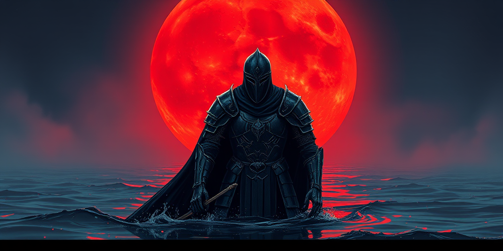 Create a detailed digital illustration of a dark armored knight standing in water, with a large red moon in the background, using a Canon EOS R5 with a 50mm lens at f/1.8, ISO 100, shutter speed 1/200s, in high contrast and vibrant colors, employing a cinematic style to enhance the epic atmosphere.