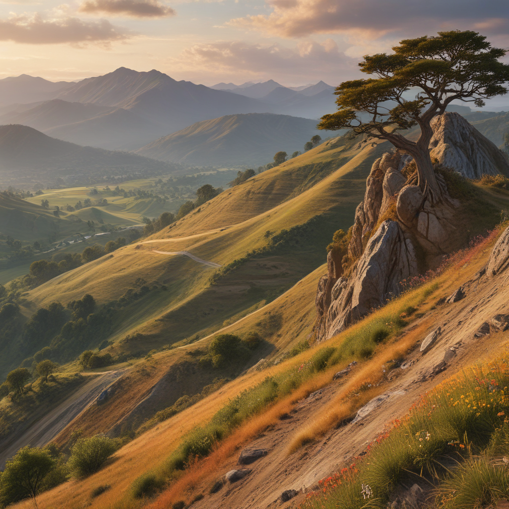 Serene Mountain Landscape at Sunset with Lone Tree on Rocky Outcrop