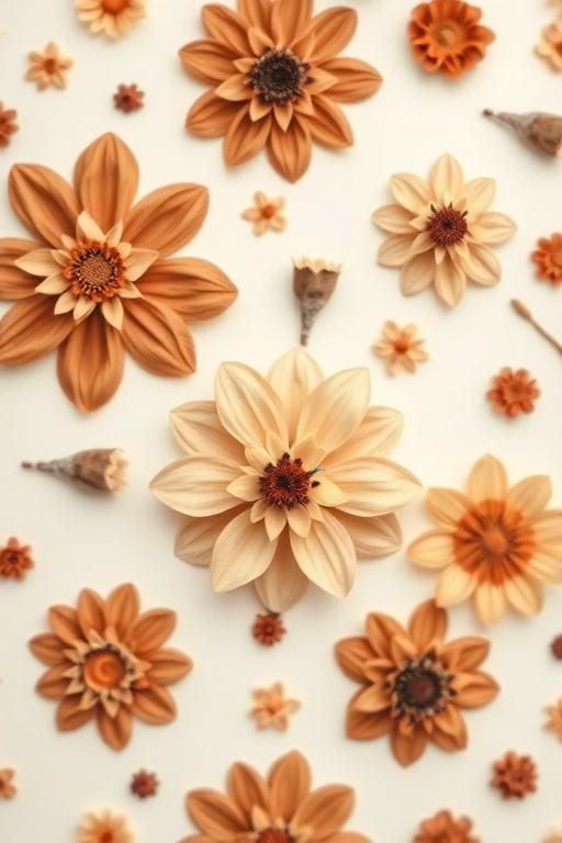 Regenerate a floral pattern image featuring brown and beige flowers on a light background with a soft focus, using a DSLR camera with a 50mm lens, aperture f/2.8, ISO 100, and a shallow depth of field for enhanced detail and texture.