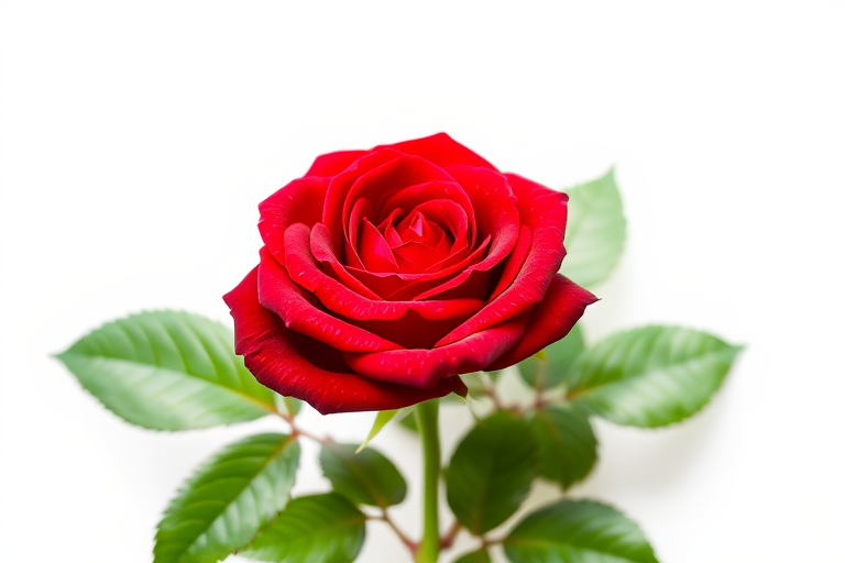 red rose with detailed petals and green leaves on a white background