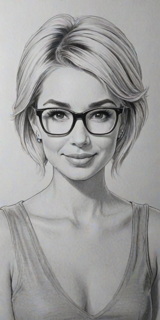 Magnificent Chelsea Kane, pencil sketch, portrait of Comely woman 1963s in glasses, hair style beatnik, outline, clear lines, fine lines, 8k