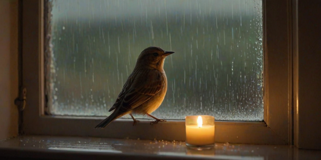 Warmly lit, intimate image of a small bird perched on a windowsill during a rainstorm, droplets of water streaking down the glass, with soft candlelight glowing from the interior of the room.