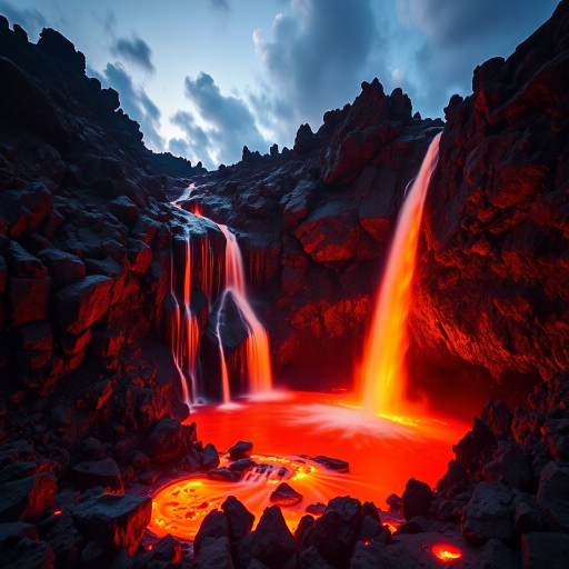 Create a high-resolution image of a lava waterfall cascading down dark volcanic rocks into a glowing lava pool, shot at sunset, using a DSLR camera with a 24mm lens, f/8 aperture, ISO 100, and a shutter speed of 1/250 seconds for vivid colors and clarity.
