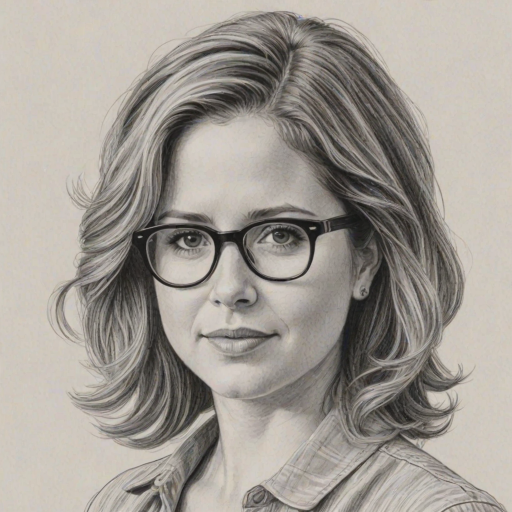 Enticing Jenna Fischer, pencil sketch, portrait of Fetching woman 1965s in glasses, hair style beatnik, outline, clear lines, fine lines, 8k